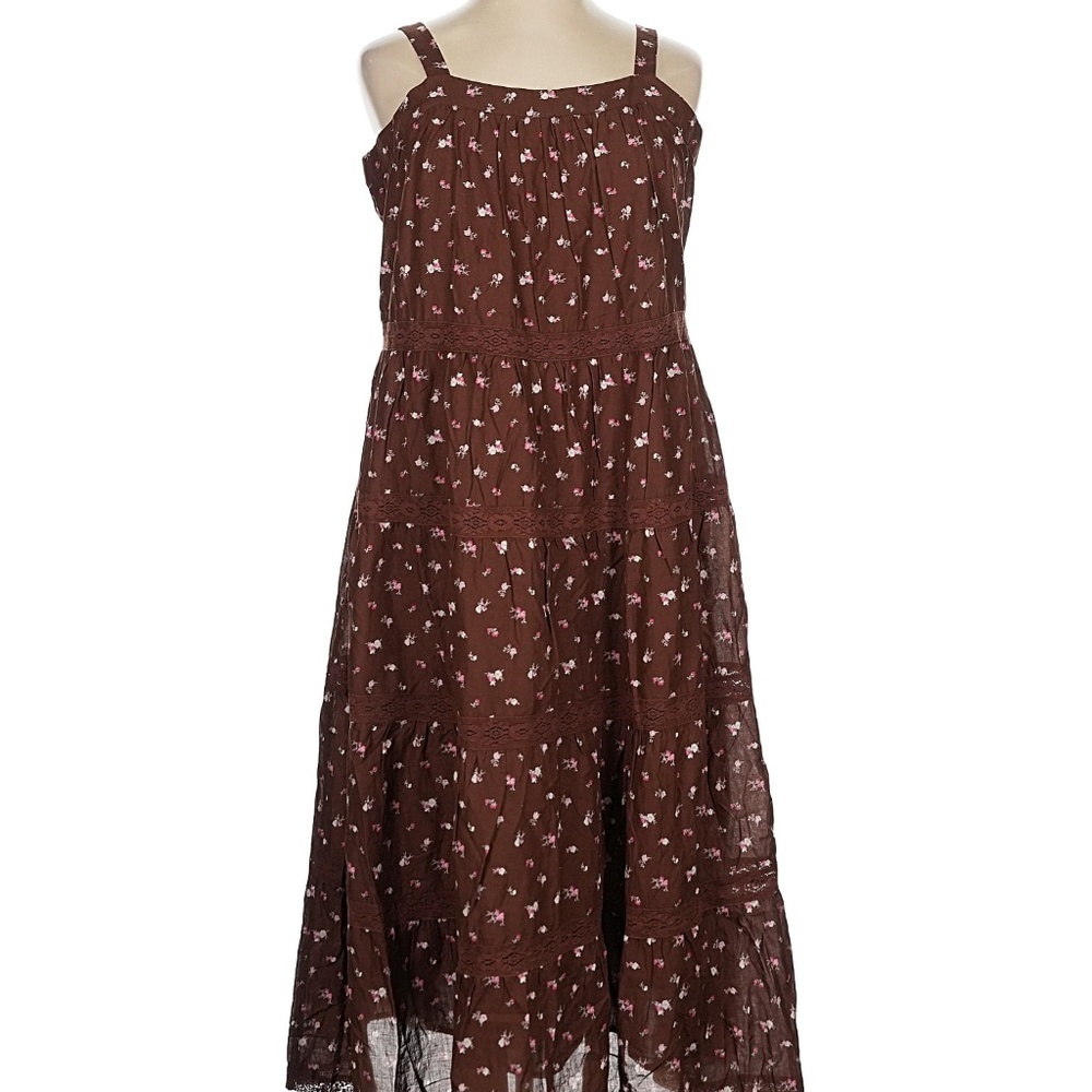 NWT Lucky Brand XL 100% Cotton Chocolate Multi Floral Mid Calf Sleeveless Dress